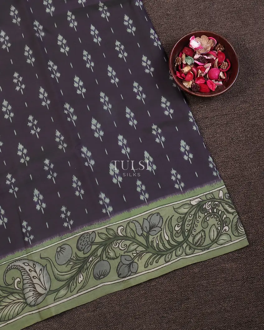Greenish Purple Ikat Silk With Kalamkari Border and Pallu T557536-image