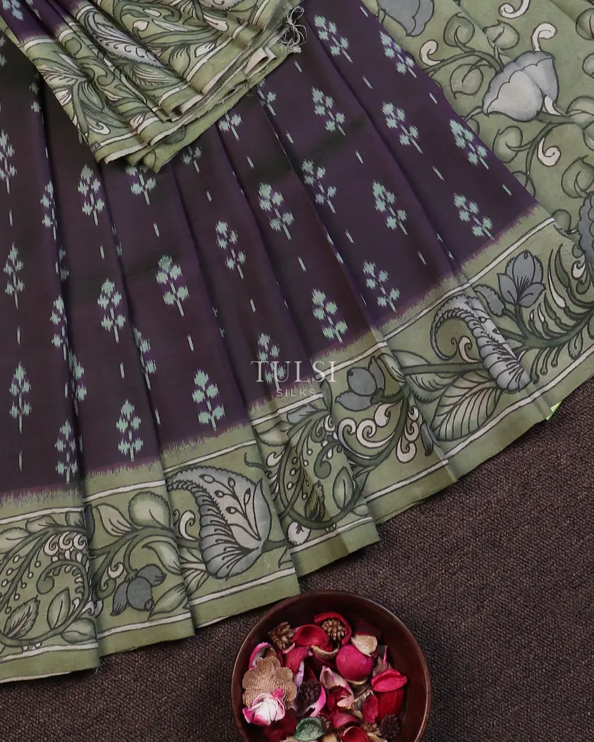 greenish-purple-ikat-silk-with-kalamkari-border-and-pallu-t557536-t557536-b