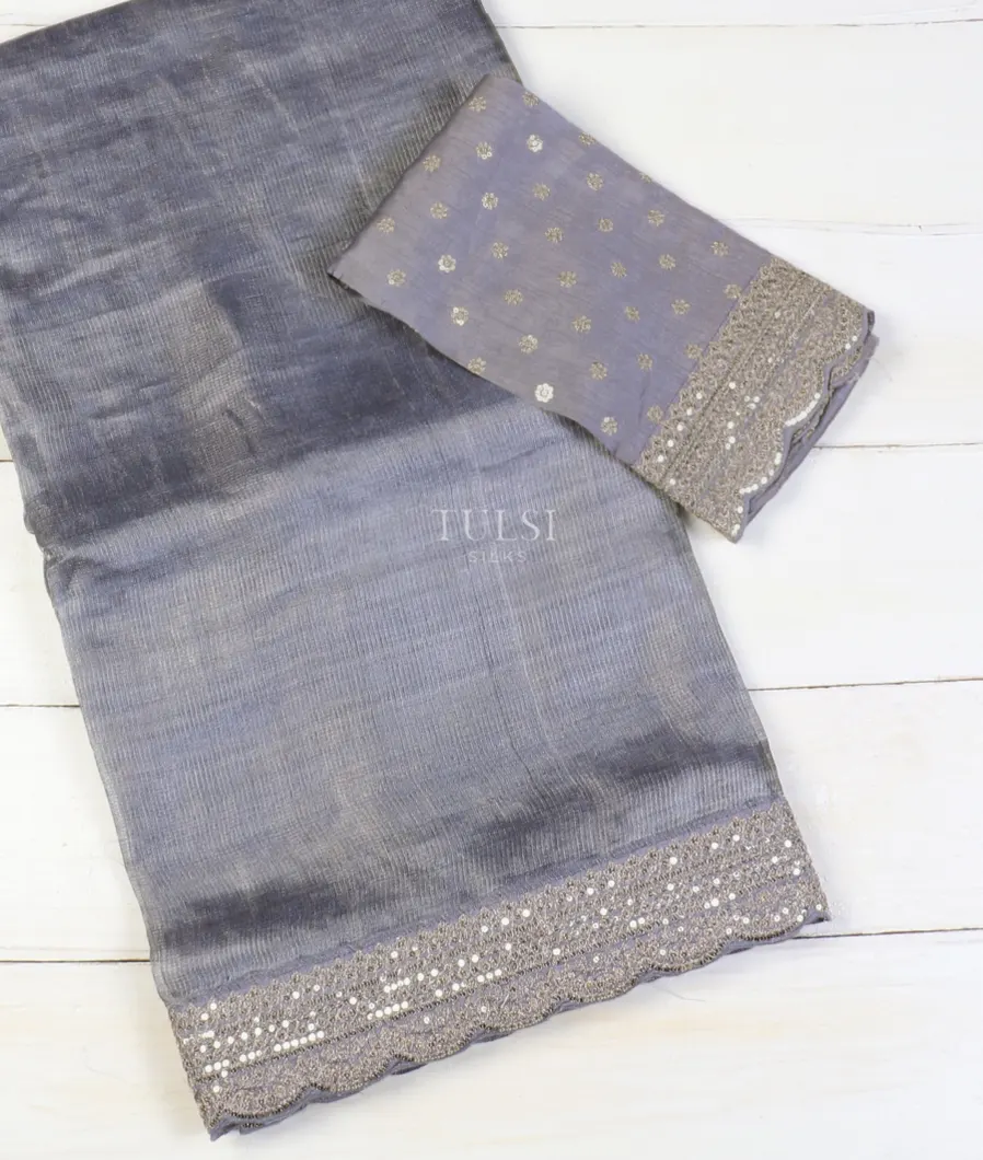 Bluish Grey Silk Tissue Kota Embroidery Saree T595215-image