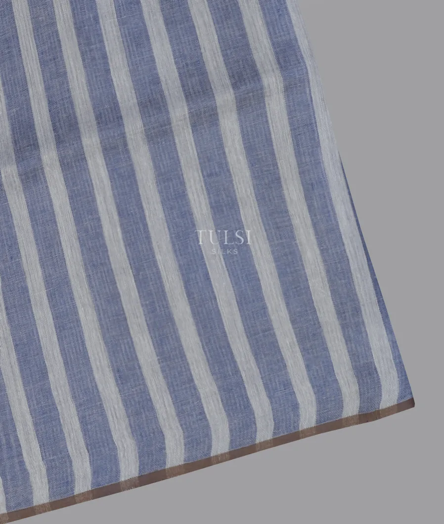 Off - White And Blue Handwoven Linen Saree T585919-image
