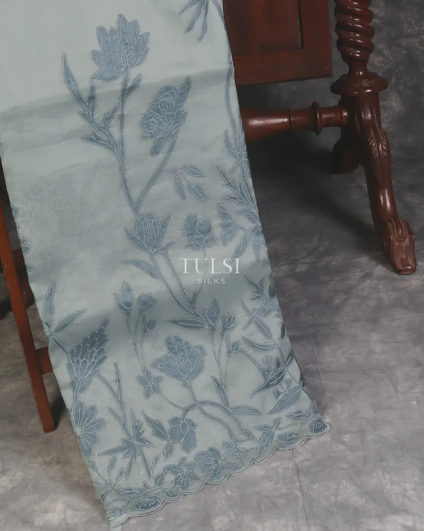 Bluish Grey Kora Organza Embroidery Saree T600571-image