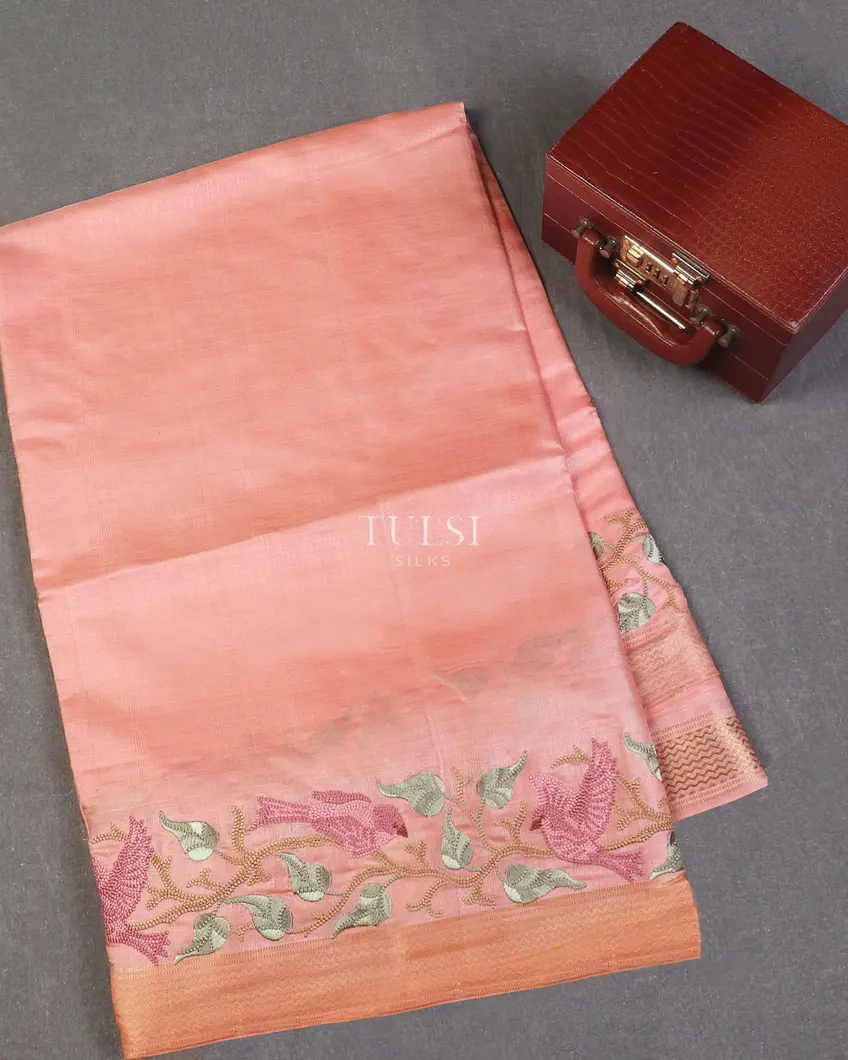 Peach Tussar Embroidery Saree T597641-image