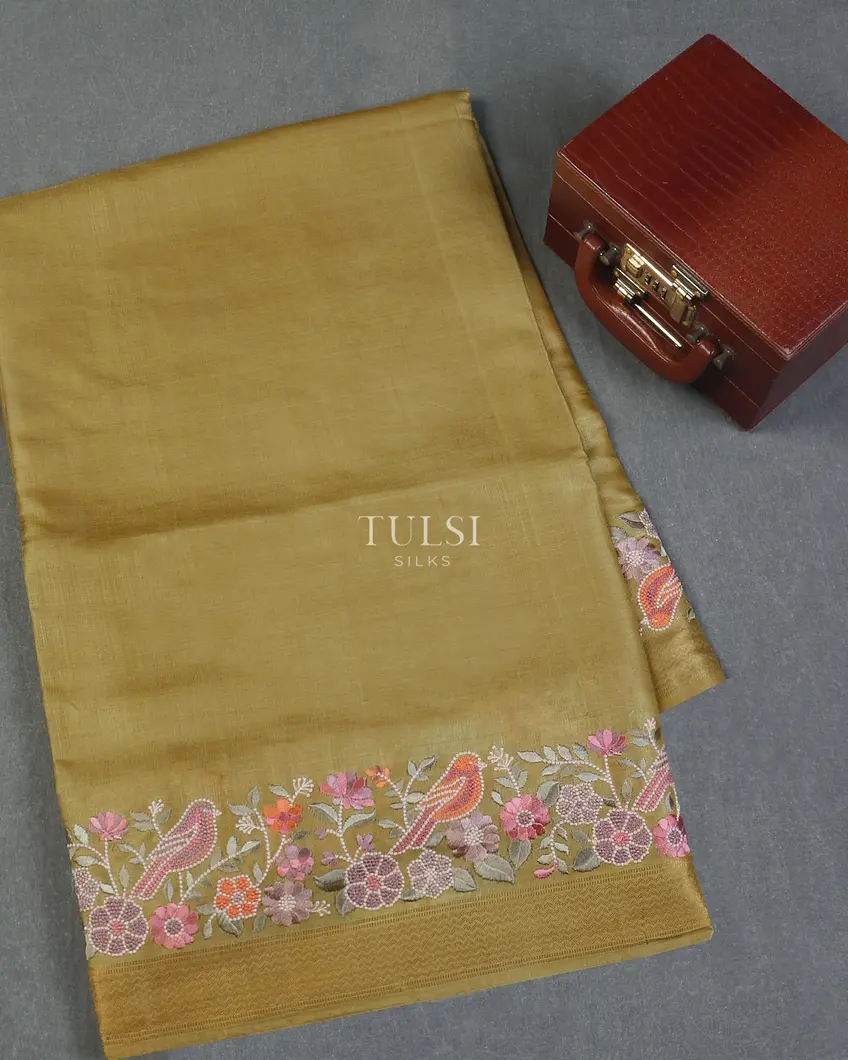Yellow Tussar Embroidery Saree T597631-image