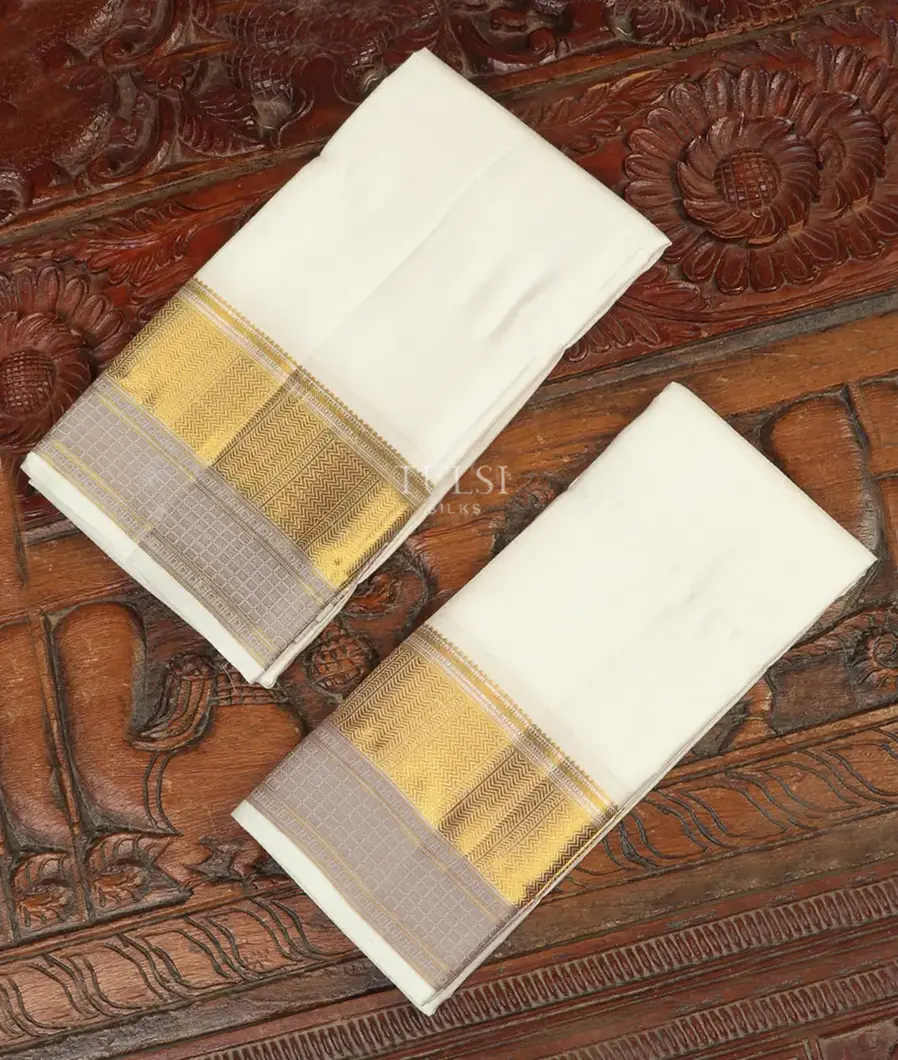 Off - White Handwoven Kanjivaram Silk Dhoti and Vastharam T491400-image