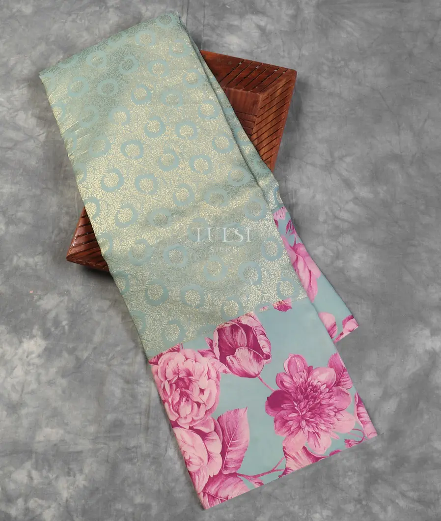Bluish Grey Printed Kanjivaram Silk Saree T586179-image