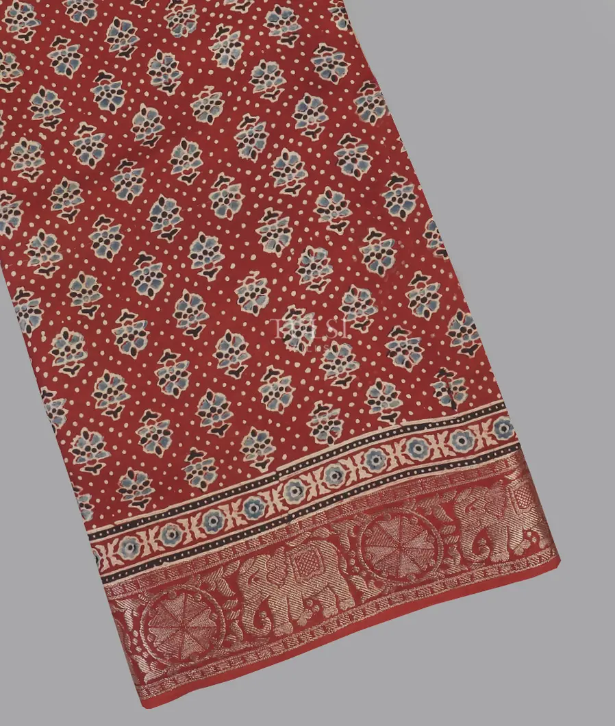 Red Ajrakh Printed Modal Silk Saree T590582-image
