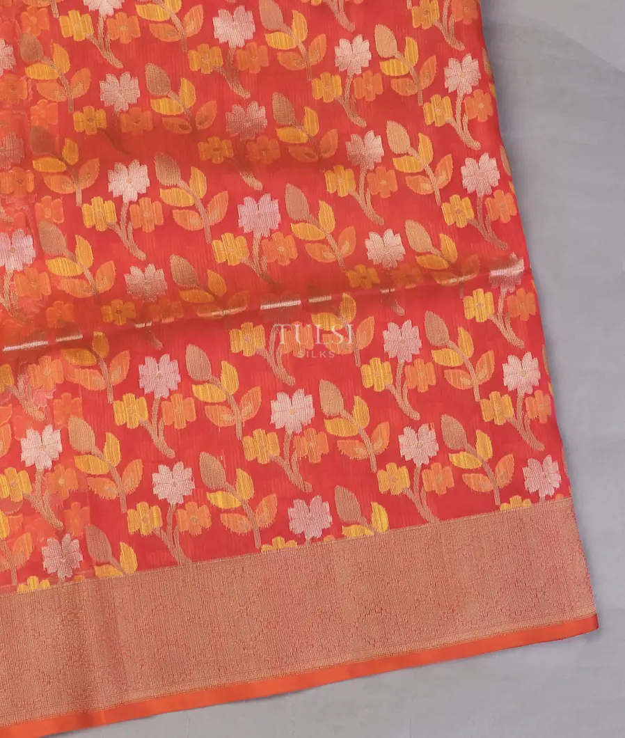 Orangish Pink Banaras Organza Saree T544310-image