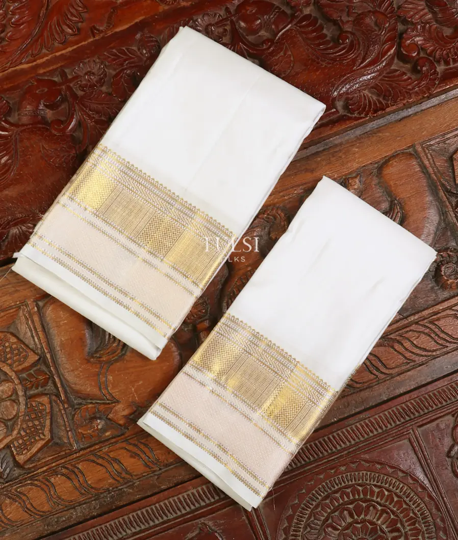 Off - White Handwoven Kanjivaram Silk Dhoti and Vastharam T491388-image