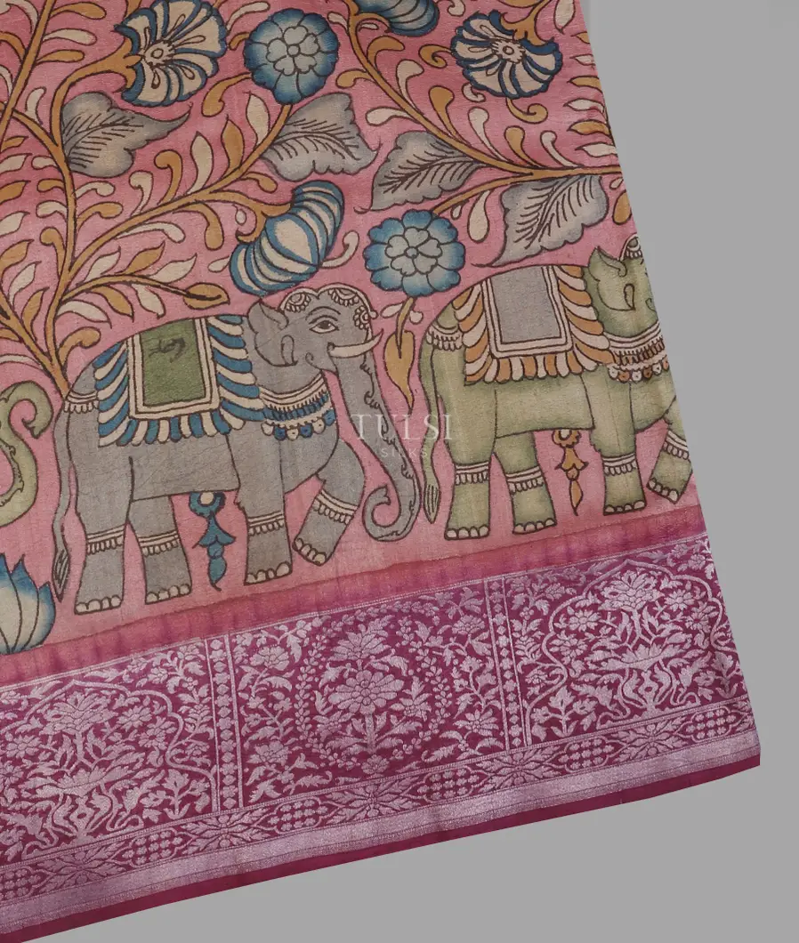 Pink Tussar Georgette Kalamkari Handpainted Saree T560076-image