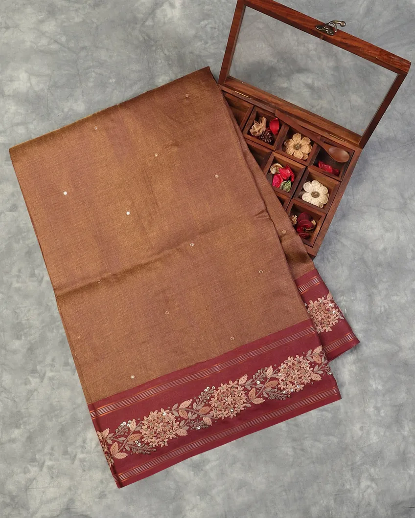 Light Brown Tussar Embroidery Saree T600473-image