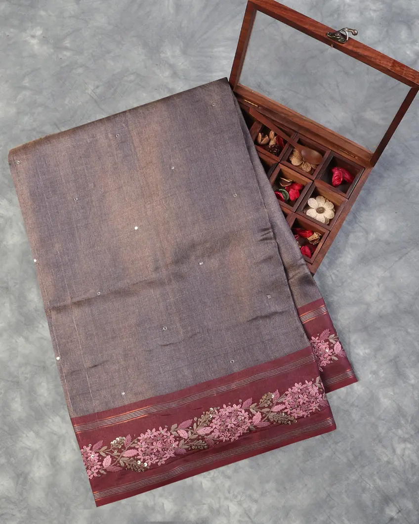 Purplish Grey Tussar Embroidery Saree T600470-image