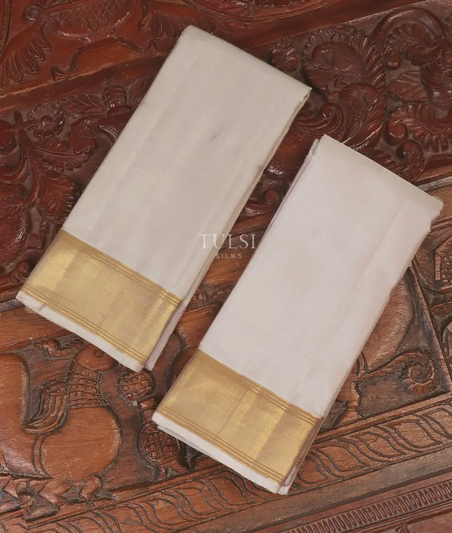 Light Greyish Beige Handwoven Kanjivaram Silk Dhoti and Vastharam T604989-image