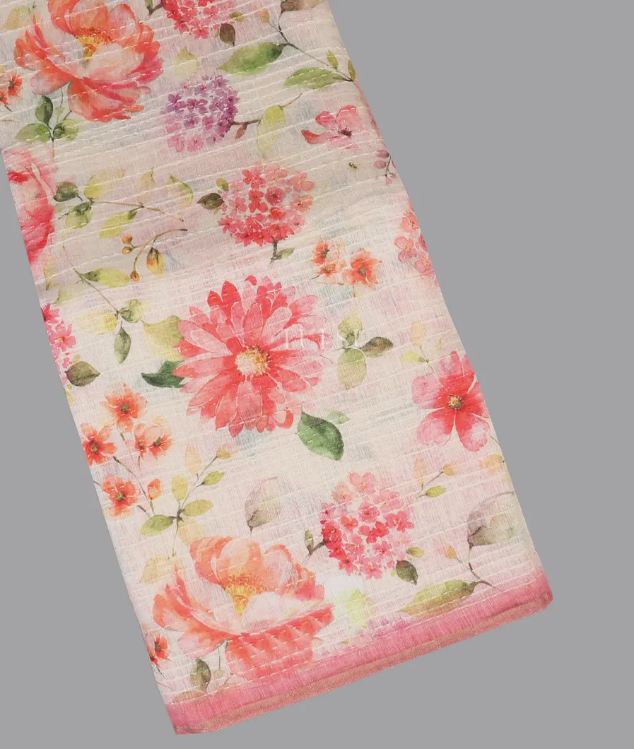 Off - White Linen Printed Saree T592276-image