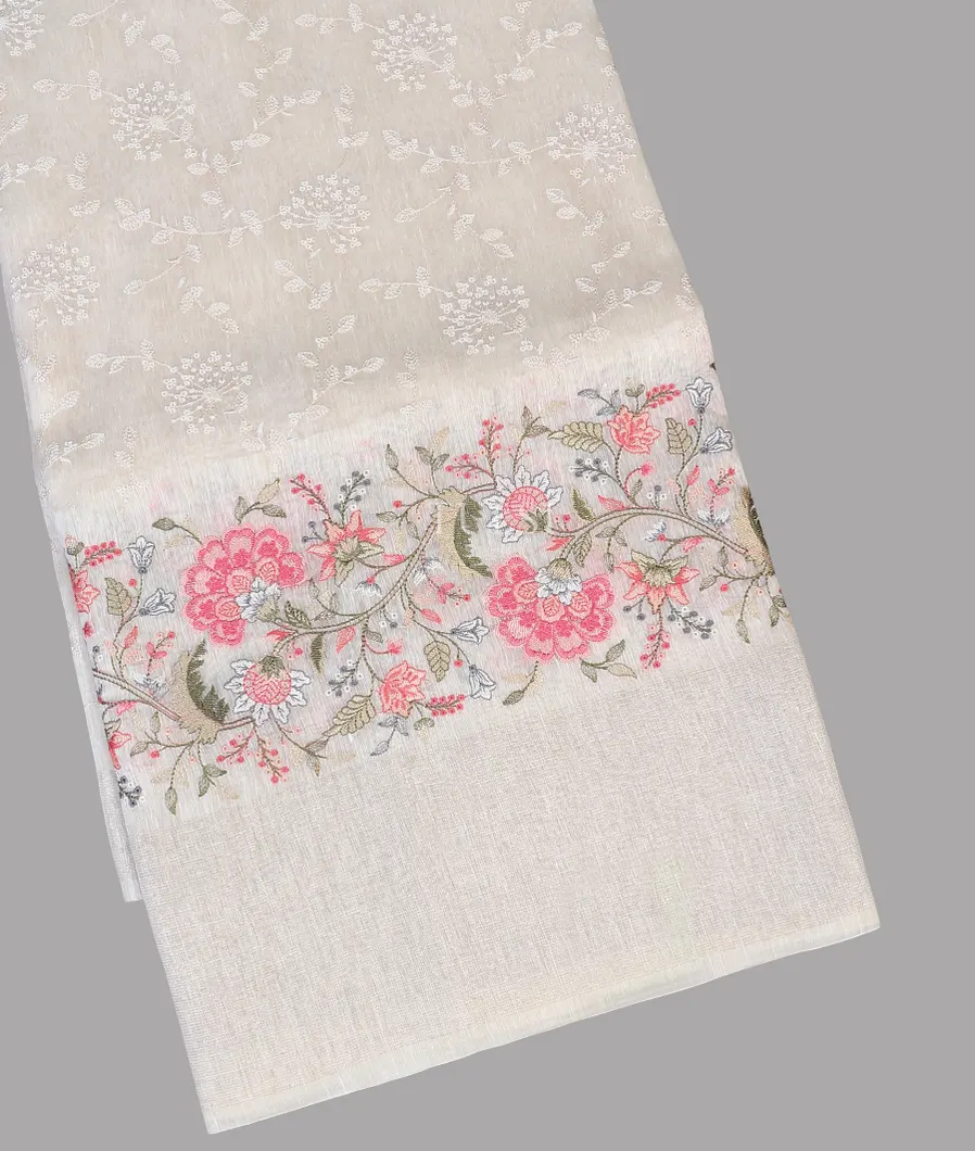 Off-White Linen Embroidery Saree T601686-image
