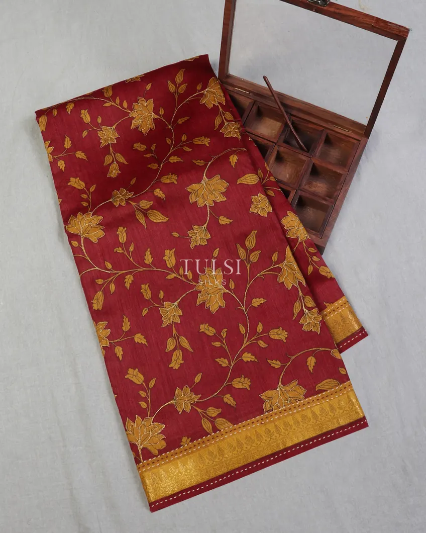 Red Tussar Printed Saree T604599-image