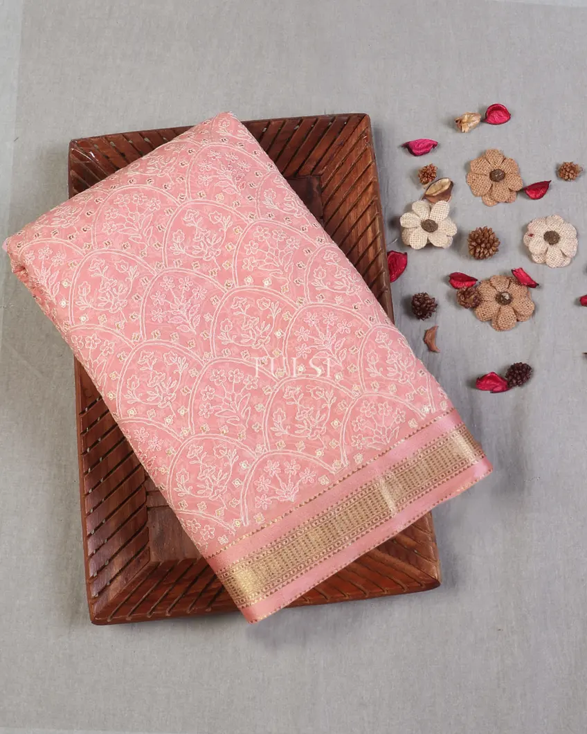 Pink Chiffon Embroidery Silk Saree T604114-image