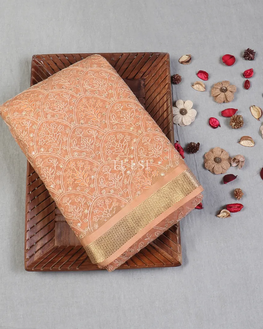 Peach Chiffon Embroidery Silk Saree T604109-image