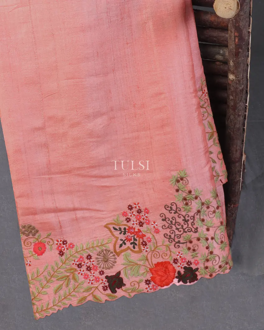 Coral Pink Tussar Embroidery Saree T512680-1-image
