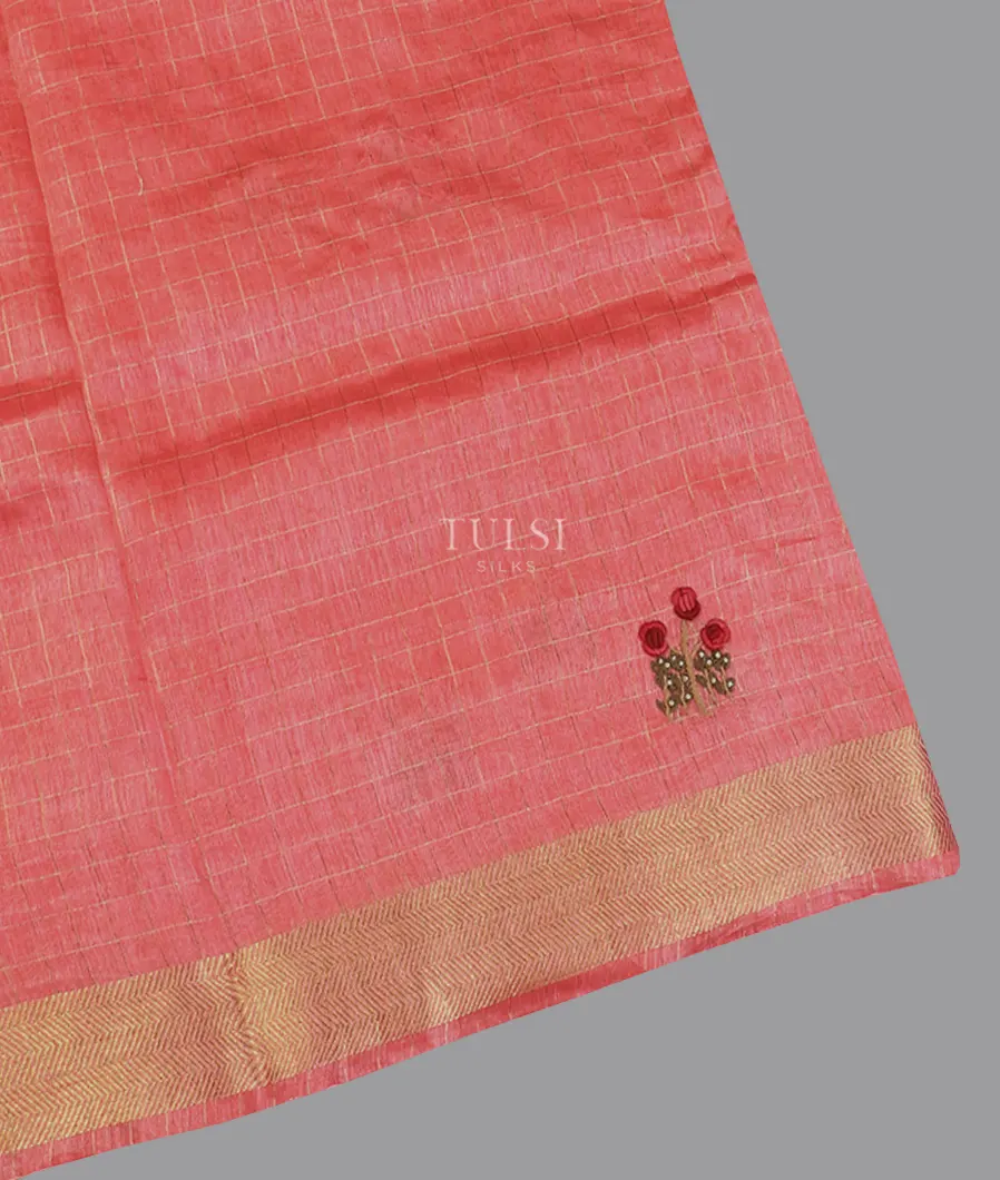 Coral Peach Linen Embroidery Saree T606992-image