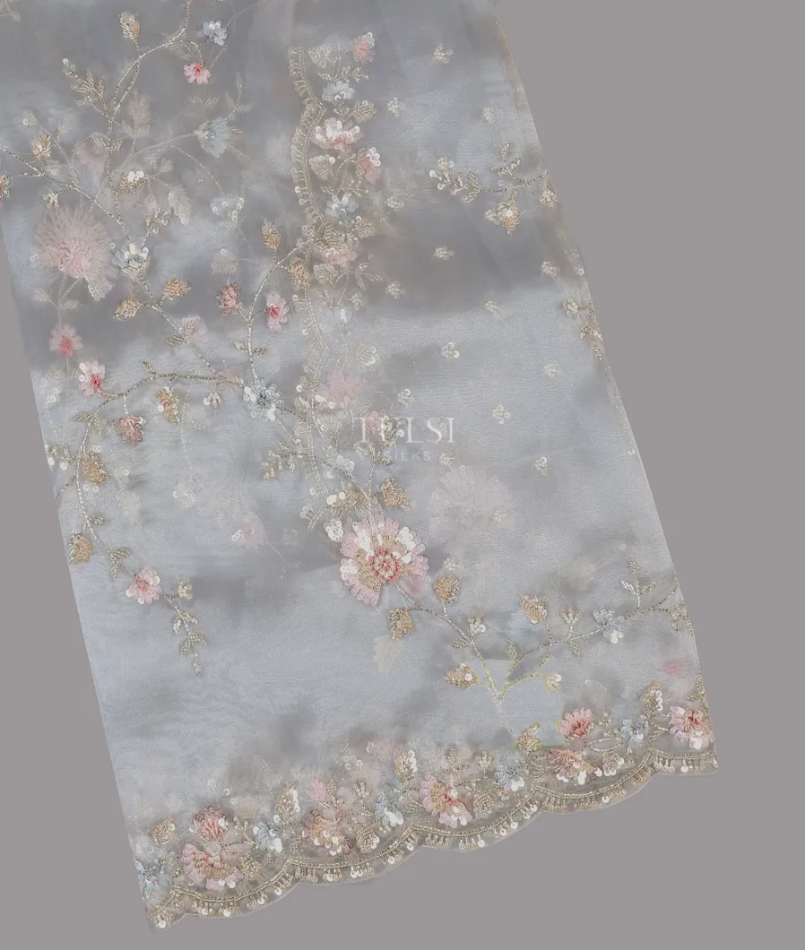 Grey Kora Tissue Organza Embroidery Saree T556318-image