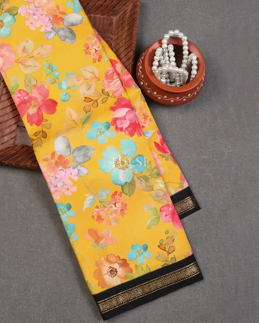 Yellow Printed Soft Silk Saree T609378-image