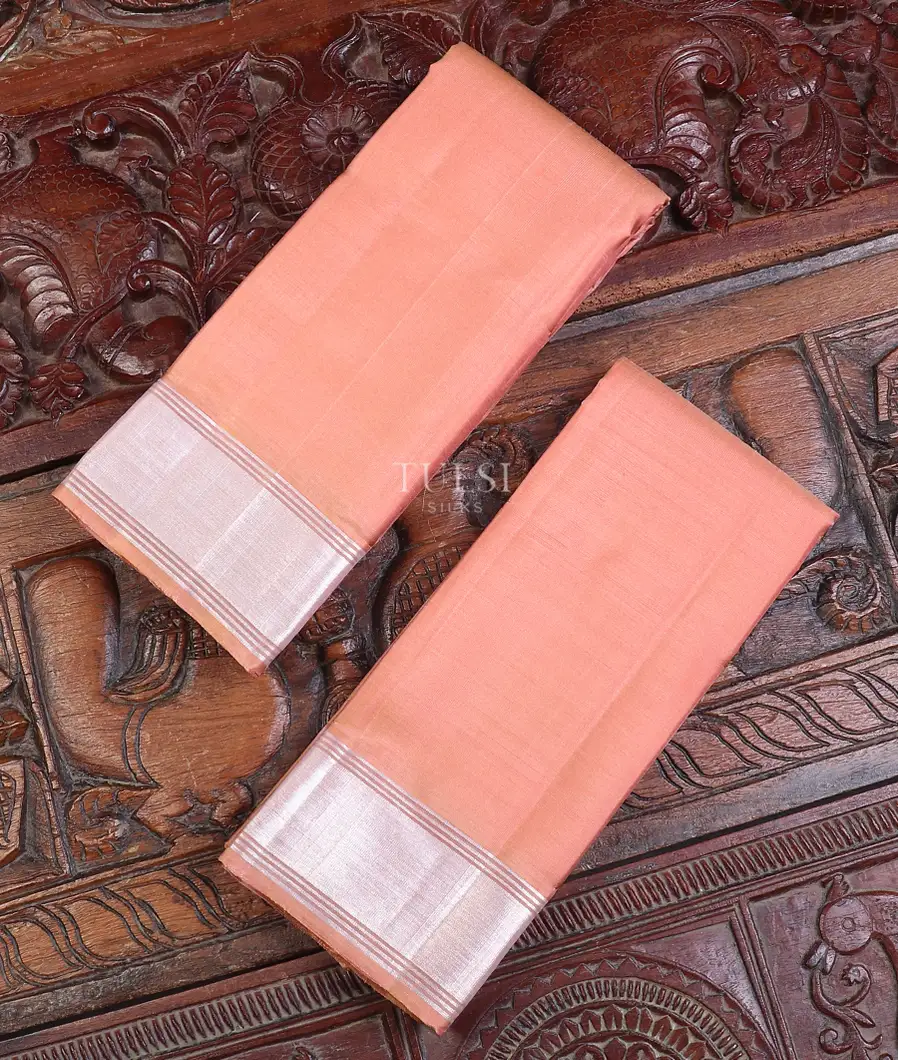 Salmon Pink Handwoven Kanjivaram Silk Dhoti and Vastharam T598916-image