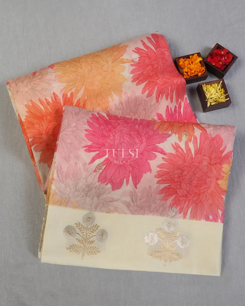 Off-White Kora Organza Printed Saree T593669-image
