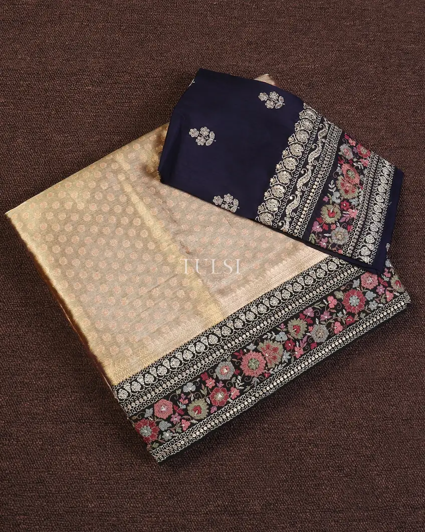 Golden Grey Kora Tissue Organza Embroidery Saree T611900-image