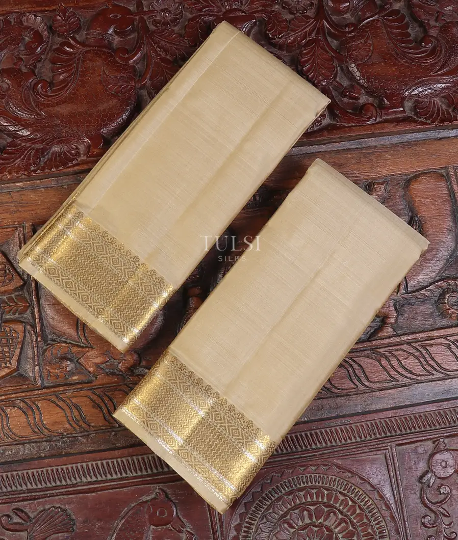 Light Beige Handwoven Kanjivaram Silk Dhoti and Vastharam T611673-image