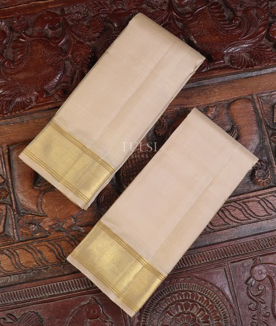 Beige Handwoven Kanjivaram Silk Dhoti and Vastharam T611645-image