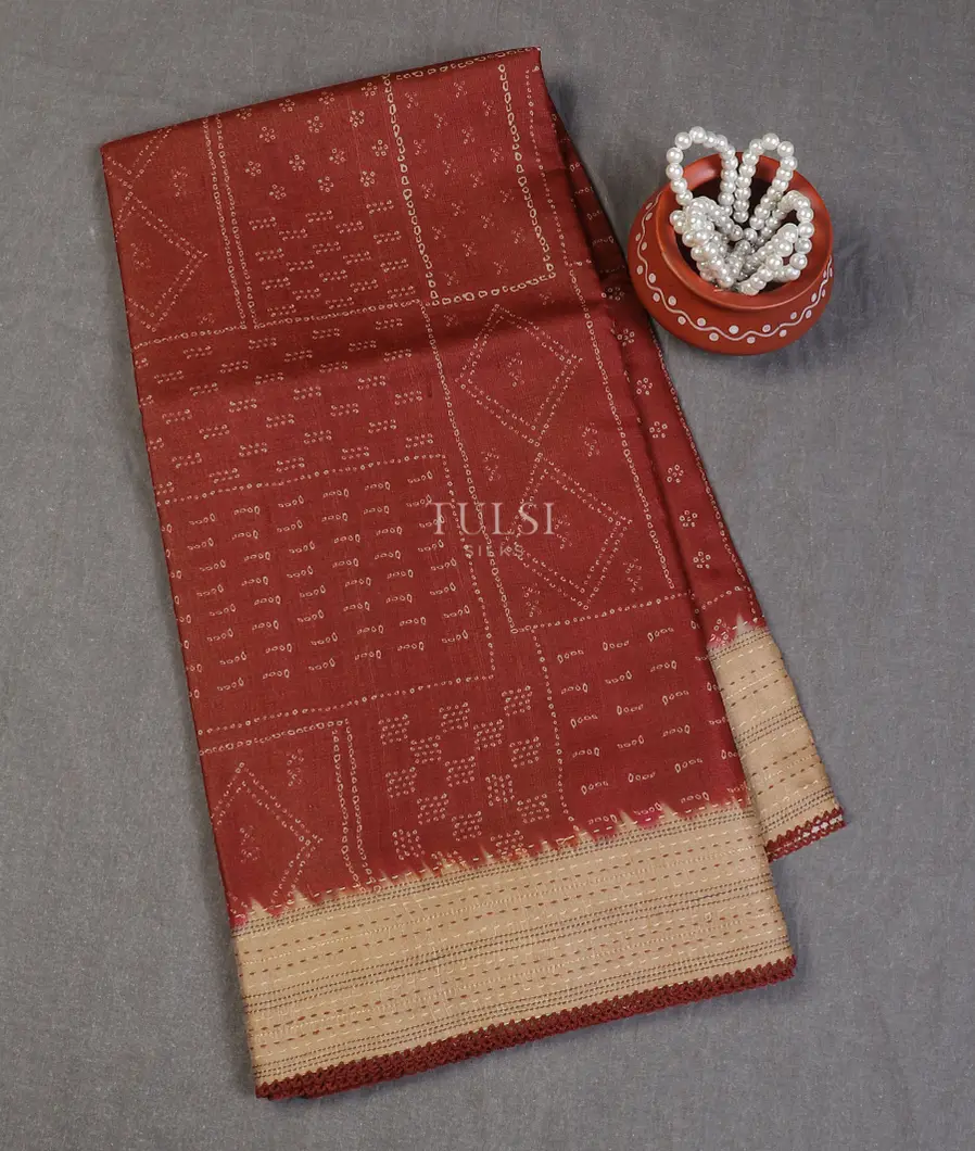 Dark Red Tussar Printed Saree T611326-image