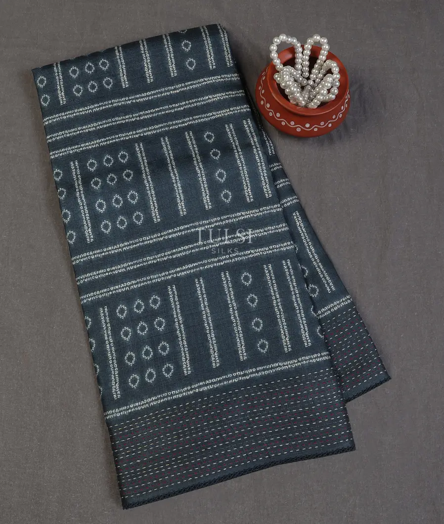 Bluish Grey Tussar Printed Saree T607109-image