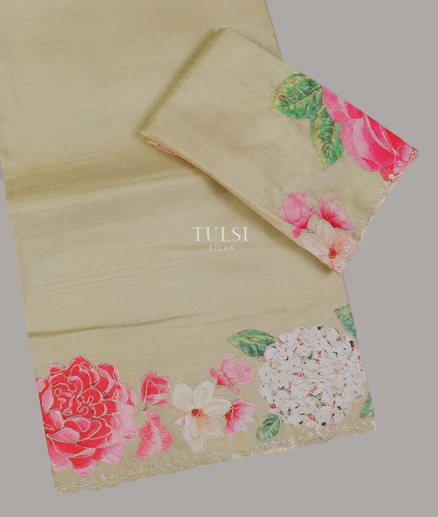 Greenish Beige Tussar Embroidery Saree T595216-image