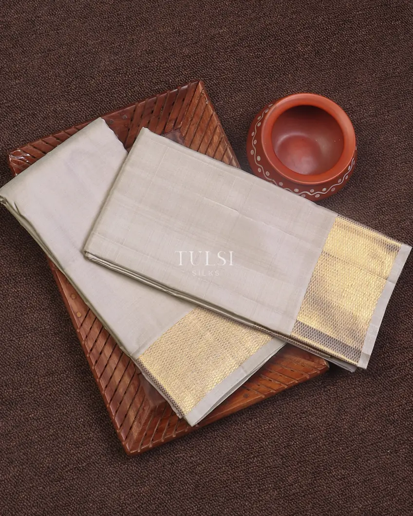 Light Grey Handwoven Kanjivaram Silk Dhoti and Vastharam T613496-image