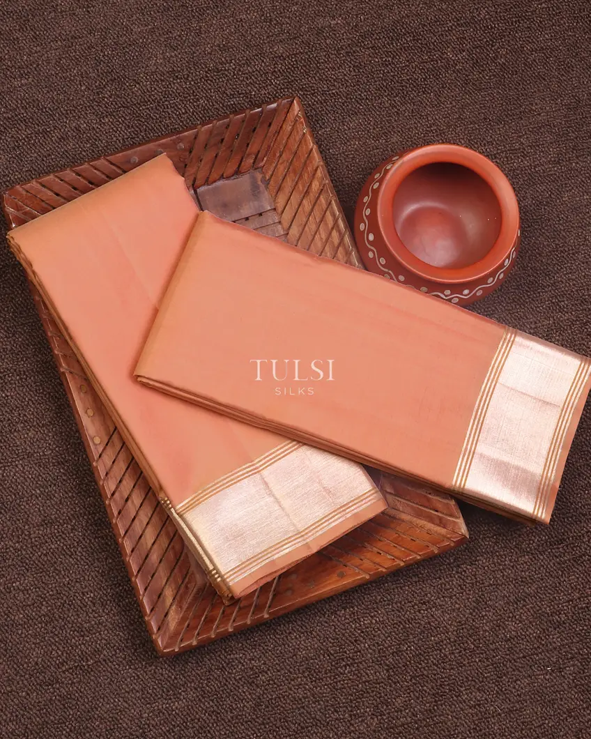 Salmon Pink Handwoven Kanjivaram Silk Dhoti and Vastharam T589383-image