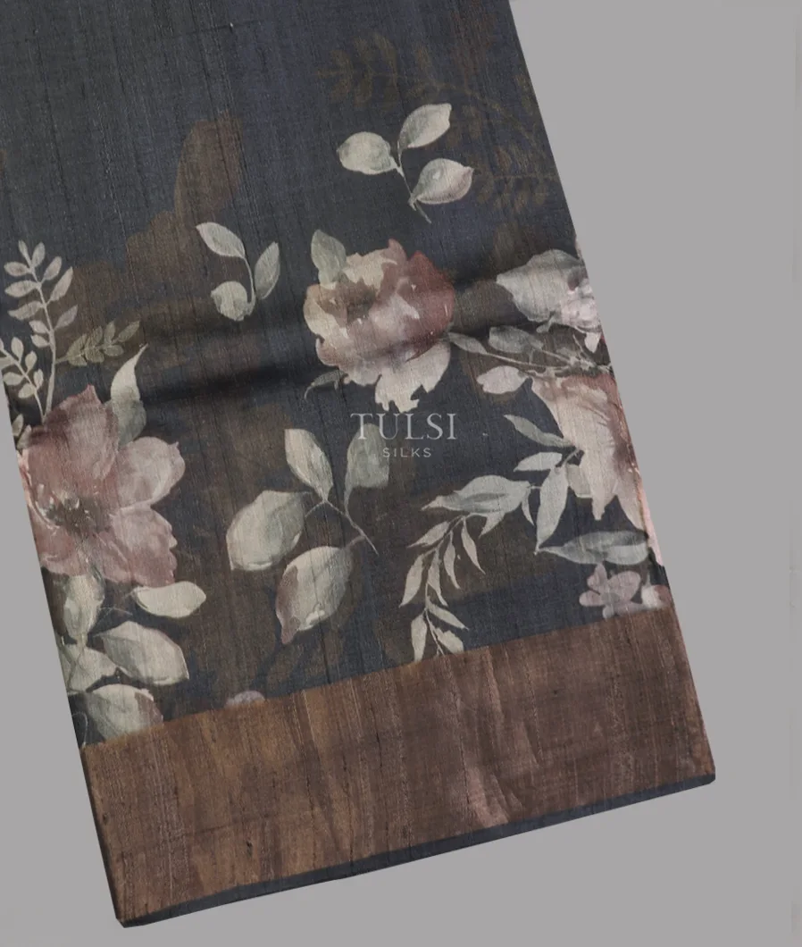 Dark Grey Tussar Printed Saree T615187-image