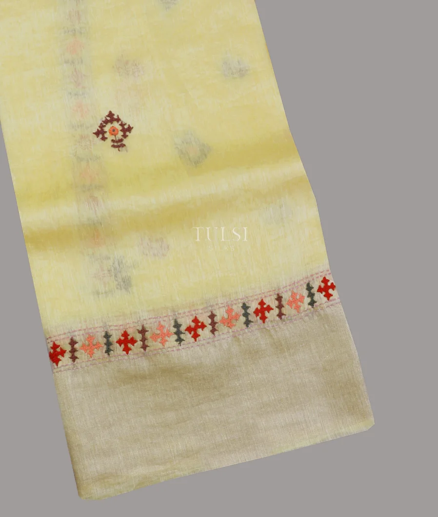 Pale Yellow Linen Embroidery Saree T559028-1-image