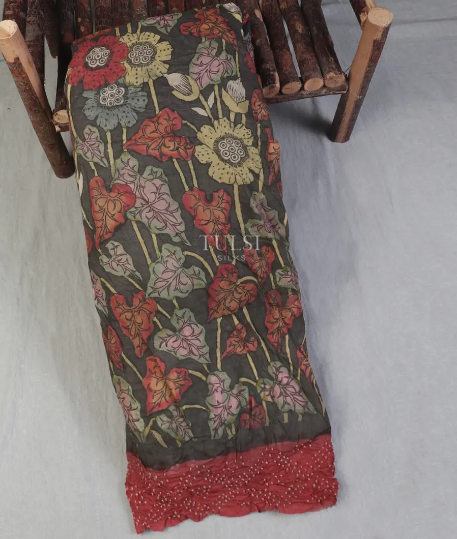 Grey Bandhani Tussar Kalamkari Saree T616625-image