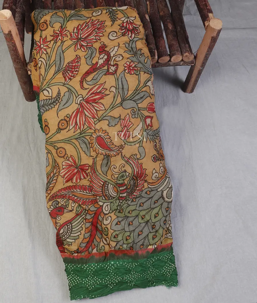 Beige Bandhani Tussar Kalamkari Saree T616624-image