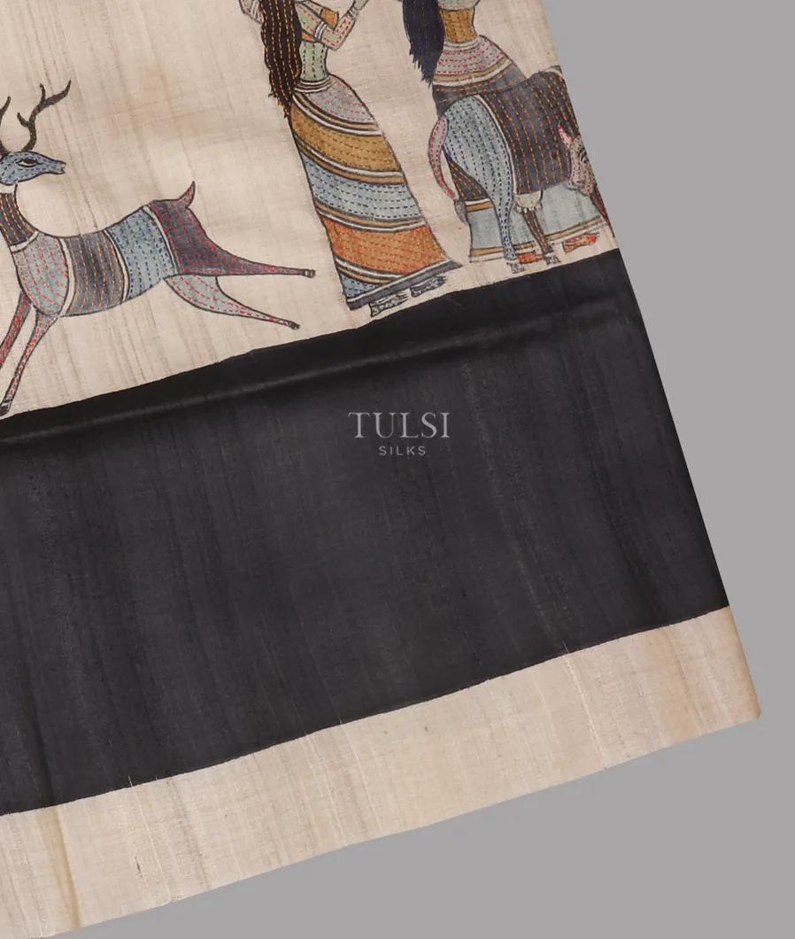 Beige And Black Tussar Kantha Work Saree T591749-image
