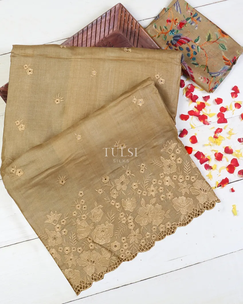 Beige Tussar Cutwork Embroidery Saree T617628-image