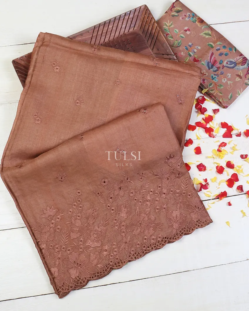 Brown Tussar Cutwork Embroidery Saree T617623-image
