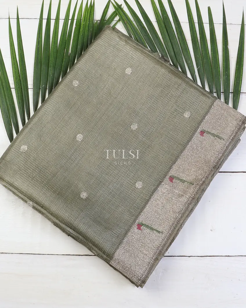 Greyish Green Tussar Embroidery Saree T619394-image