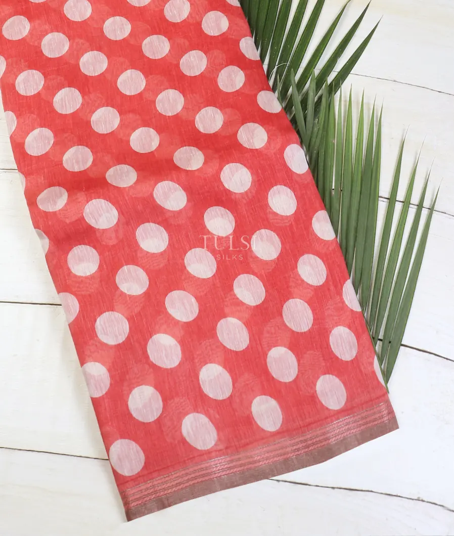 Coral Red Linen Printed Saree T620296-image