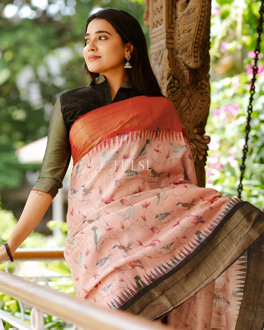 Pink Tussar Printed Saree T602403-image