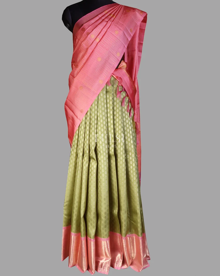 Green Handwoven Kanjivaram Silk Pavadai T625988 And Pink Kanjivaram Silk Dupatta T611357-image