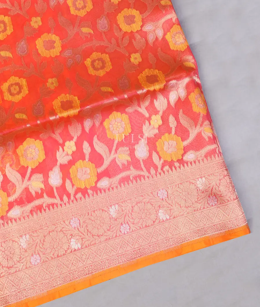 Orangish Pink Banaras Organza Saree T612274-image