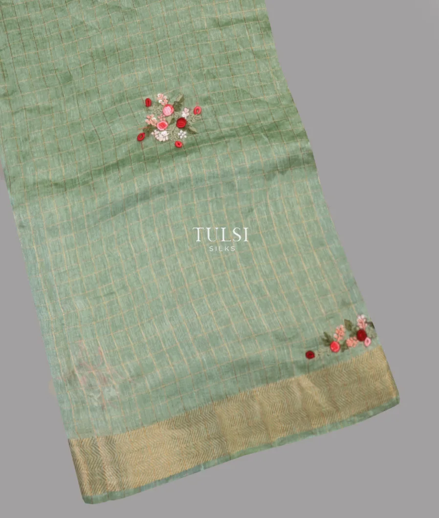 Greenish Grey Linen Embroidery Saree T623528-image