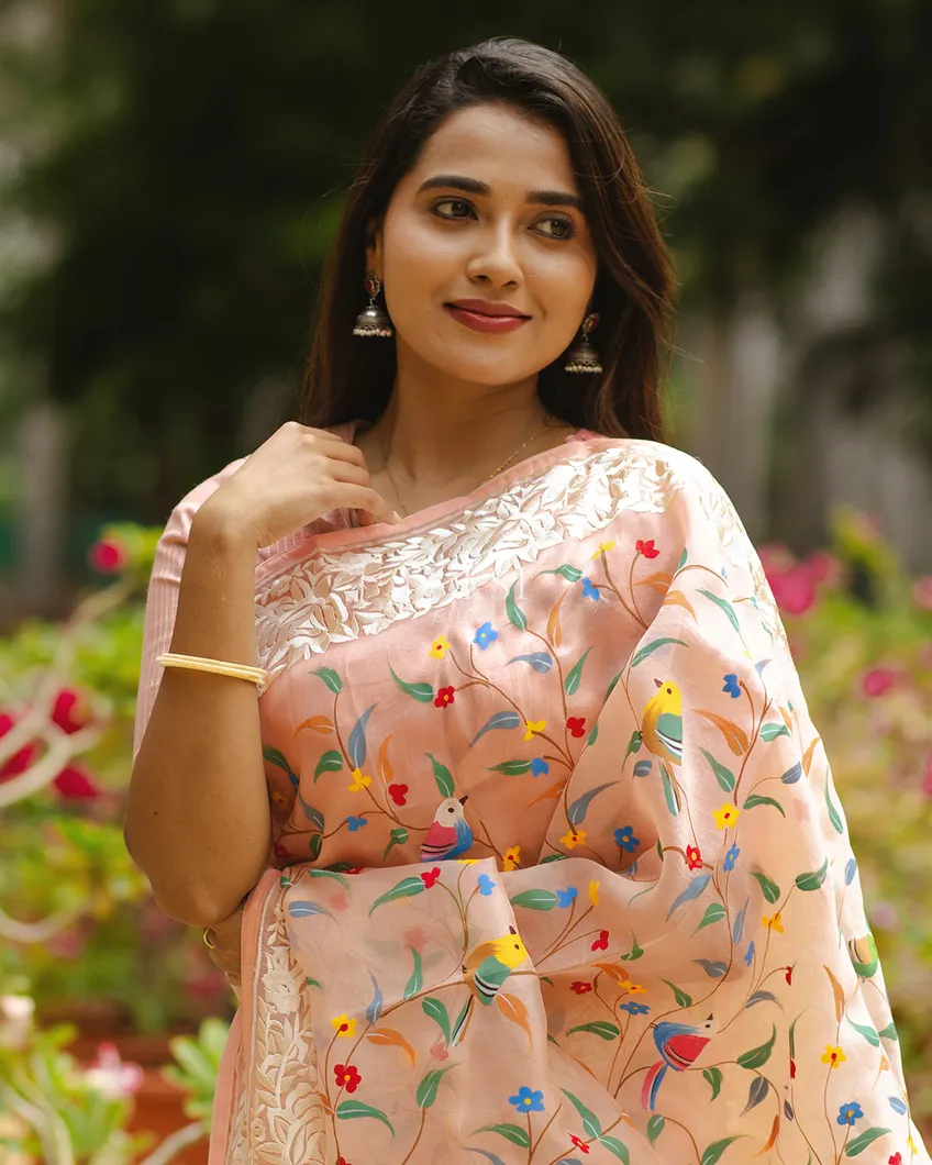 Peach Kora Organza Hand Painted Saree With Parsi Border T621938-image