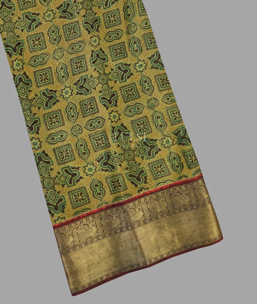 Yellowish Green Mysore Crepe With Ajrakh Printed Saree T616606-image
